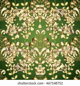 Vintage seamless pattern on green gradient background with golden and yellow elements and shadows