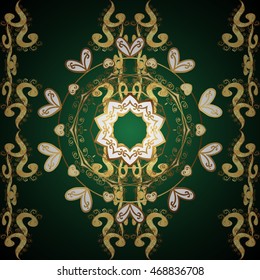 Vintage seamless pattern on green gradient background with golden and yellow elements and shadows