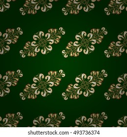 Vintage seamless pattern on green gradient background with golden and yellow elements.