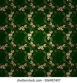 Vintage seamless pattern on green gradient background with golden and yellow elements.
