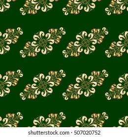 Vintage seamless pattern on green gradient background with golden and yellow elements.