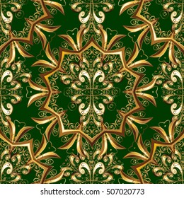 Vintage seamless pattern on green gradient background with golden and yellow elements.