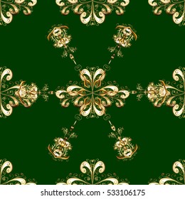 Vintage seamless pattern on green gradient background with golden and yellow elements.