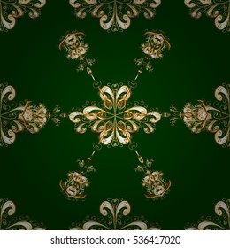 Vintage seamless pattern on green gradient background with golden and yellow elements. Radial gradient shape.