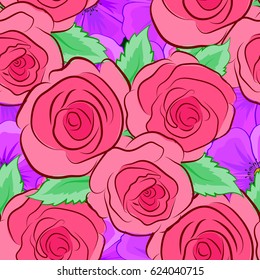 Vintage seamless pattern on a green background. Hand written vector rose flowers and green leaves, stamps, keys.