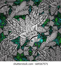 Vintage seamless pattern on a green background with white elements. Christmas 2019, snowflake, new year.