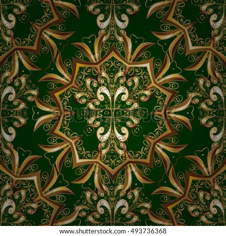 Vintage seamless pattern on green gradient background with golden and yellow elements.