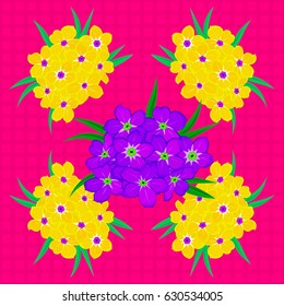 Vintage seamless pattern on a magenta background. Hand written vector primrose flowers, stamps, keys.