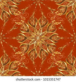 Vintage seamless pattern on a orange, brown and beige colors with golden elements. Vector illustration.