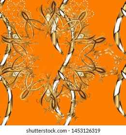 Vintage seamless pattern on a orange and brown colors with golden elements. Christmas 2019, snowflake, new year.