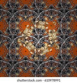 Vintage seamless pattern on a orange background with golden elements. Vector illustration.
