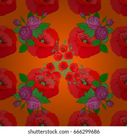 Vintage seamless pattern on a orange background. Hand written vector poppy flowers, stamps, keys.