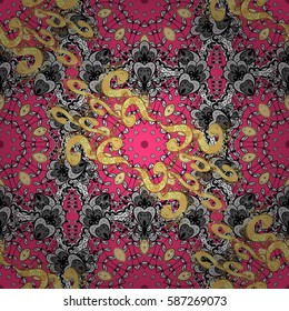 Vintage seamless pattern on a pink background with golden elements. Vector illustration.