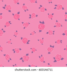 Vintage seamless pattern on a pink background. Hand written vector rose flowers and leaves, stamps, keys.
