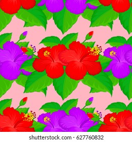Vintage seamless pattern on a pink background. Hand written vector hibiscus flowers, stamps, keys.