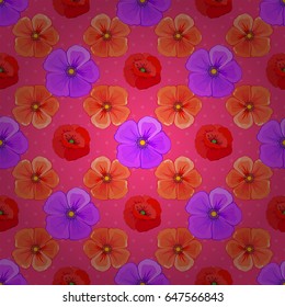 Vintage seamless pattern on a pink background. Hand written vector cosmos flowers, stamps, keys.