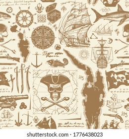 Vintage seamless pattern on the pirates theme with hand-drawn sketches. Vector background with skull, crossbones, pirate flag, swords, guns, sailboats, old map and other nautical symbols.
