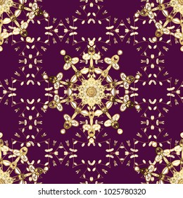 Vintage seamless pattern on a purple, brown and white colors with golden elements. Vector illustration.