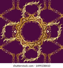 Vintage seamless pattern on a purple and brown colors with golden elements. Christmas 2019, snowflake, new year.
