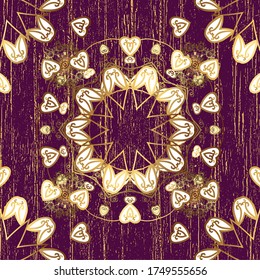 Vintage seamless pattern on a purple and white colors with golden elements. Christmas 2019, snowflake, new year.