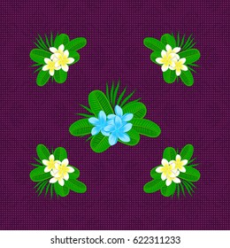 Vintage seamless pattern on a purple background. Hand written vector plumeria flowers, stamps, keys.