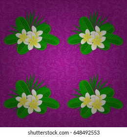 Vintage seamless pattern on a purple background. Hand written vector plumeria flowers, stamps, keys.