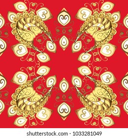 Vintage seamless pattern on a red and yellow colors with golden elements. Vector illustration.