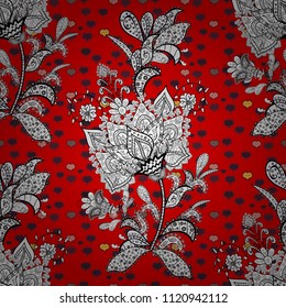 Vintage seamless pattern on a red, white and black colors with golden elements. Christmas 2019, snowflake, new year.