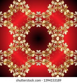 Vintage seamless pattern on a red and brown colors with golden elements. Christmas 2019, snowflake, new year.