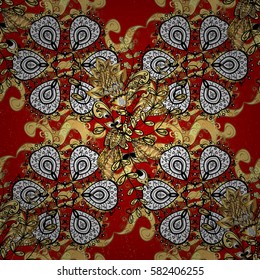 Vintage seamless pattern on a red background with golden elements. Vector illustration.