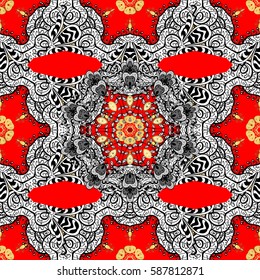 Vintage seamless pattern on a red background with white elements. Christmas 2019, snowflake, new year.
