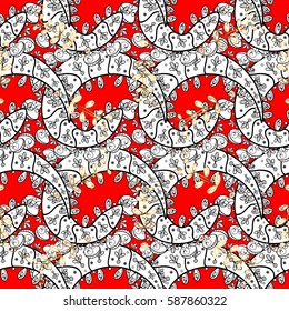 Vintage seamless pattern on a red background with golden elements. Vector illustration.