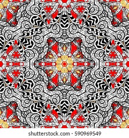 Vintage seamless pattern on a red background with white elements. Vector illustration.