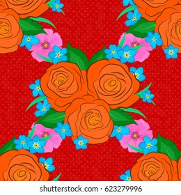 Vintage seamless pattern on a red background. Hand written vector rose flowers and green leaves, stamps, keys.