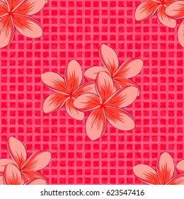 Vintage seamless pattern on a red background. Hand written vector plumeria flowers, stamps, keys.