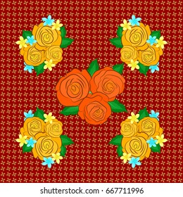 Vintage seamless pattern on a red background. Hand written vector rose flowers and green leaves, stamps, keys.