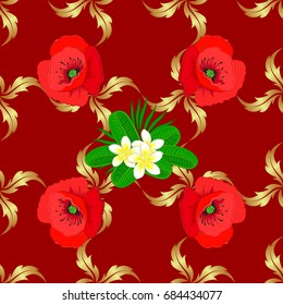 Vintage seamless pattern on a red background. Hand written vector poppy flowers, stamps, keys.