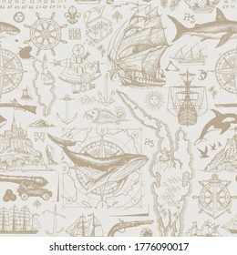 Vintage seamless pattern on the theme of travel, adventure and discovery. Vector background with hand-drawn sketches of sailboats, islands, old maps, wind rose, anchors, fishes, cannons in beige color
