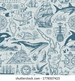 Vintage seamless pattern on the theme of sea travel, adventure and discovery. Vector repeating background with hand-drawn sketches of sailboats, islands, old maps, wind rose, anchors, fishes