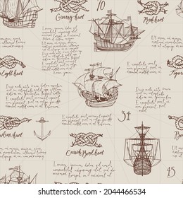 Vintage seamless pattern on the theme of sea travels and adventures. Monochrome vector background with hand-drawn sailboats, various sea knots, anchors and handwritten text Lorem ipsum on an old paper