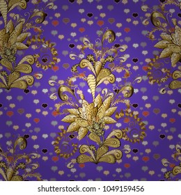 Vintage seamless pattern on a violet, brown and beige colors with golden elements. Christmas 2019, snowflake, new year.