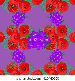 Vintage seamless pattern on a violet background. Hand written vector poppy flowers, stamps, keys.