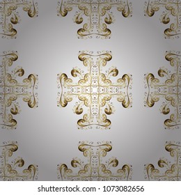 Vintage seamless pattern on a white, beige and brown colors with golden elements. Vector illustration.