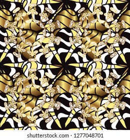 Vintage seamless pattern on a white and black colors with golden elements. Christmas 2019, snowflake, new year.