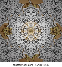 Vintage seamless pattern on a white and black colors with golden elements. Christmas 2019, snowflake, new year.
