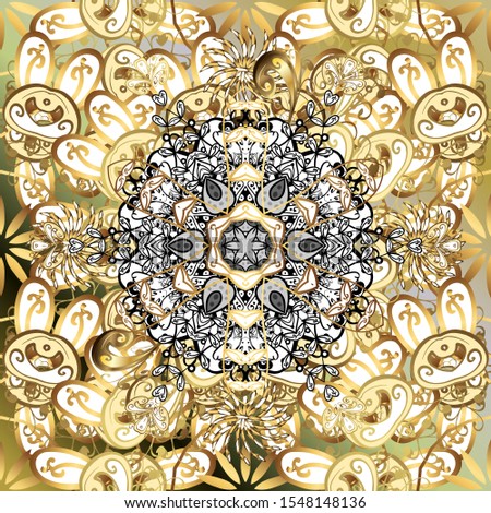 Vintage seamless pattern on a white and yellow colors with golden elements. Vector illustration.