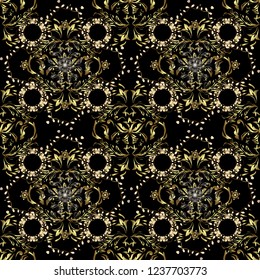 Vintage seamless pattern on a yellow colors with golden elements. Christmas 2019, snowflake, new year.