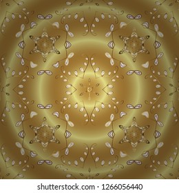 Vintage seamless pattern on a yellow and neutral colors with golden elements. Christmas 2019, snowflake, new year.