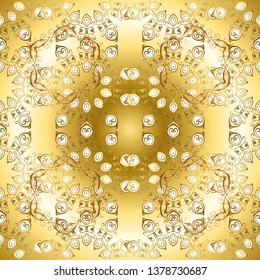 Vintage seamless pattern on a yellow and beige colors with golden elements. Vector illustration.