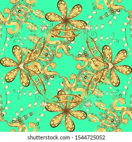 Vintage seamless pattern on a yellow and green colors with golden elements. Vector illustration.